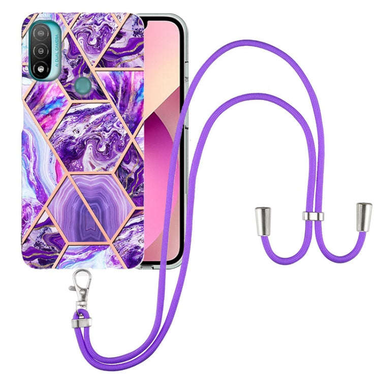 For Motorola Moto E20 / E30 / E40 Electroplating Splicing Marble TPU Phone Case with Lanyard(Dark...