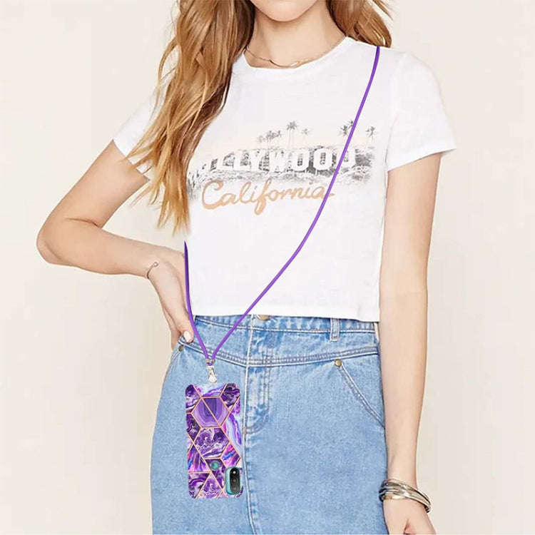 For Motorola Moto E20 / E30 / E40 Electroplating Splicing Marble TPU Phone Case with Lanyard(Dark...