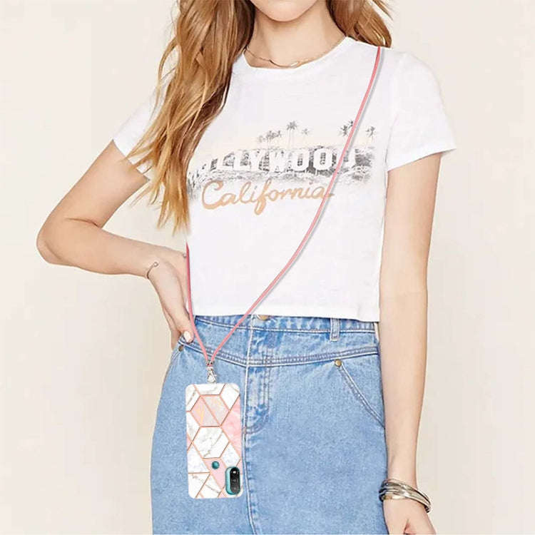 For Motorola Moto E20 / E30 / E40 Electroplating Splicing Marble TPU Phone Case with Lanyard(Pink...