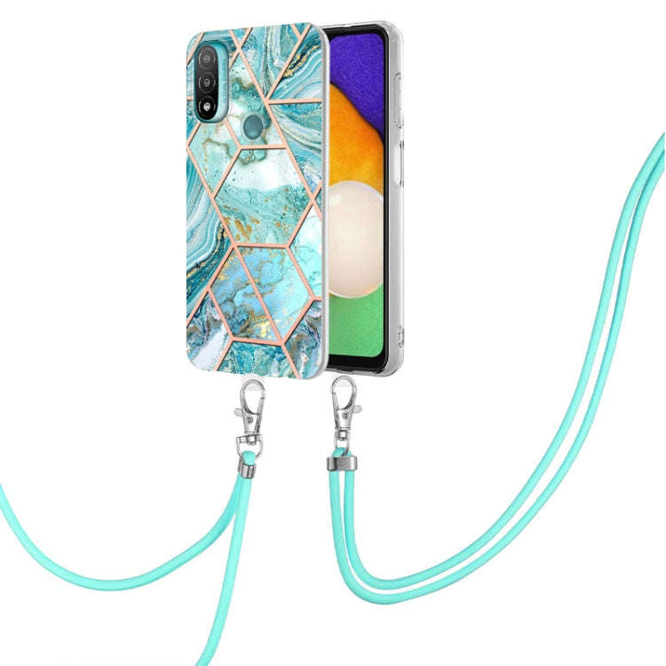 For Motorola Moto E20 / E30 / E40 Electroplating Splicing Marble TPU Phone Case with Lanyard(Blue)