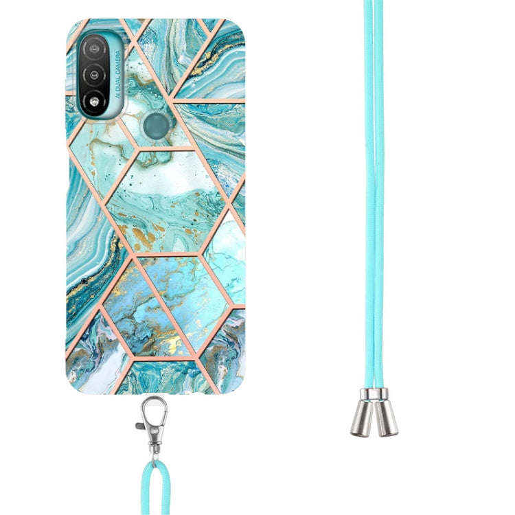 For Motorola Moto E20 / E30 / E40 Electroplating Splicing Marble TPU Phone Case with Lanyard(Blue)
