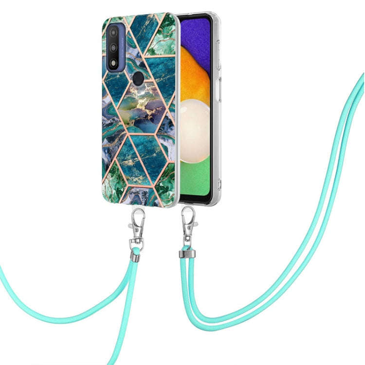 For Motorola Moto G Pure Electroplating Splicing Marble TPU Phone Case with Lanyard(Blue Green)