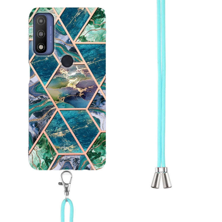 For Motorola Moto G Pure Electroplating Splicing Marble TPU Phone Case with Lanyard(Blue Green)