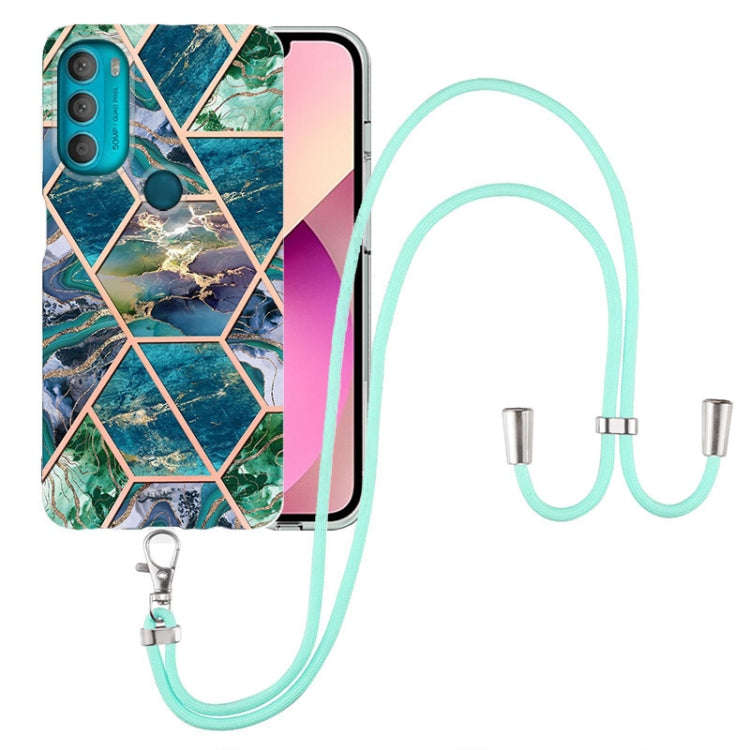 For Motorola Moto G71 5G Electroplating Splicing Marble TPU Phone Case with Lanyard(Blue Green)