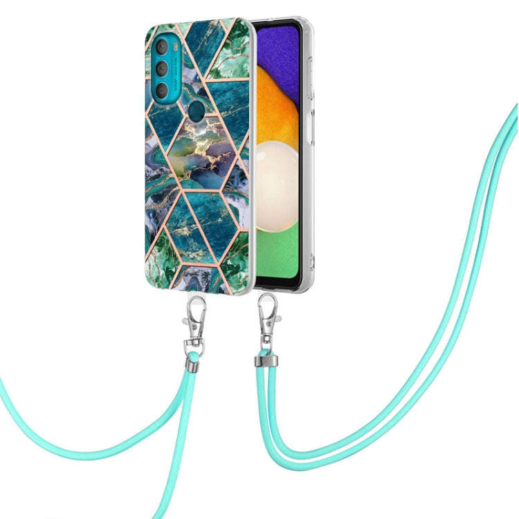 For Motorola Moto G71 5G Electroplating Splicing Marble TPU Phone Case with Lanyard(Blue Green)