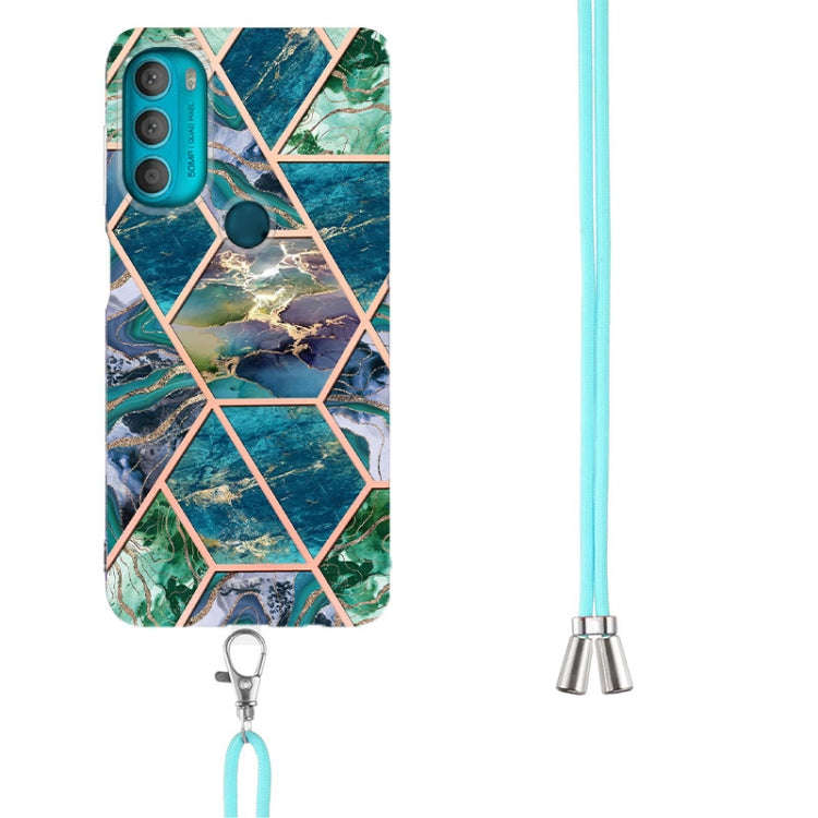 For Motorola Moto G71 5G Electroplating Splicing Marble TPU Phone Case with Lanyard(Blue Green)
