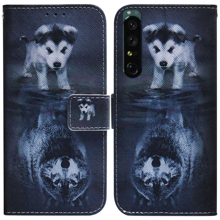 For Sony Xperia 1 IV Coloured Drawing Leather Phone Case(Wolf and Dog)