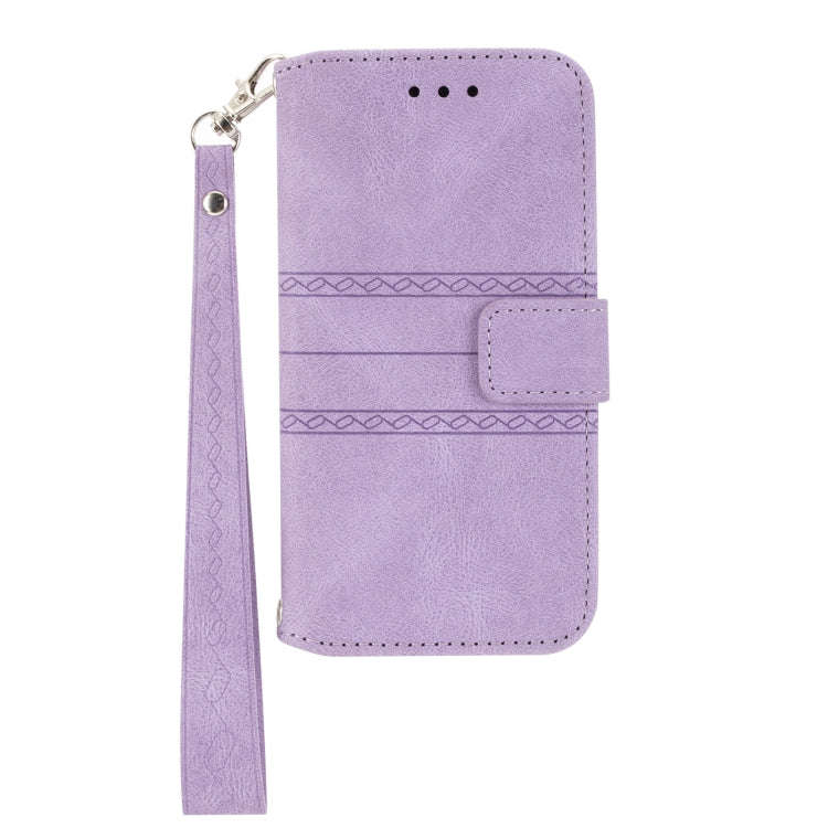 For Motorola Moto G22 Embossed Striped Magnetic Buckle Horizontal Flip Phone Leather Case(Purple)
