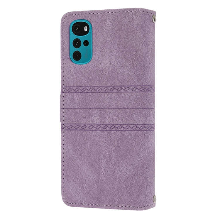 For Motorola Moto G22 Embossed Striped Magnetic Buckle Horizontal Flip Phone Leather Case(Purple)