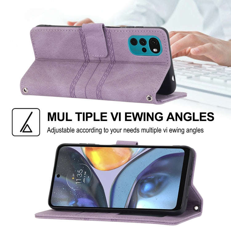 For Motorola Moto G22 Embossed Striped Magnetic Buckle Horizontal Flip Phone Leather Case(Purple)