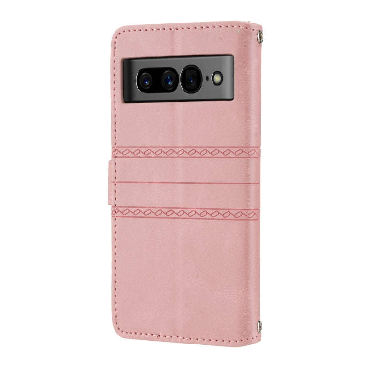 For Google Pixel 7 Pro Embossed Striped Magnetic Buckle Horizontal Flip Phone Leather Case(Pink)