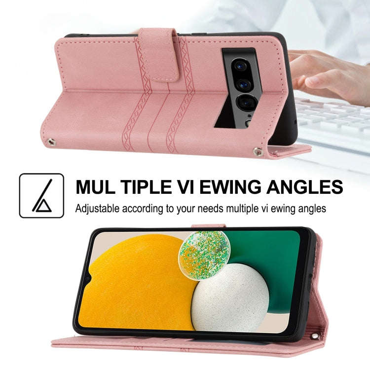 For Google Pixel 7 Pro Embossed Striped Magnetic Buckle Horizontal Flip Phone Leather Case(Pink)