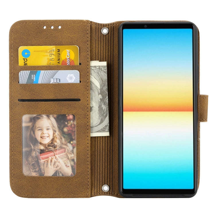 For Sony Xperia 10 IV Embossed Striped Magnetic Buckle Horizontal Flip Phone Leather Case(Brown)