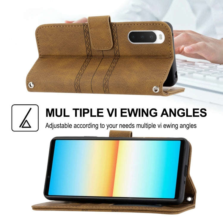 For Sony Xperia 10 IV Embossed Striped Magnetic Buckle Horizontal Flip Phone Leather Case(Brown)