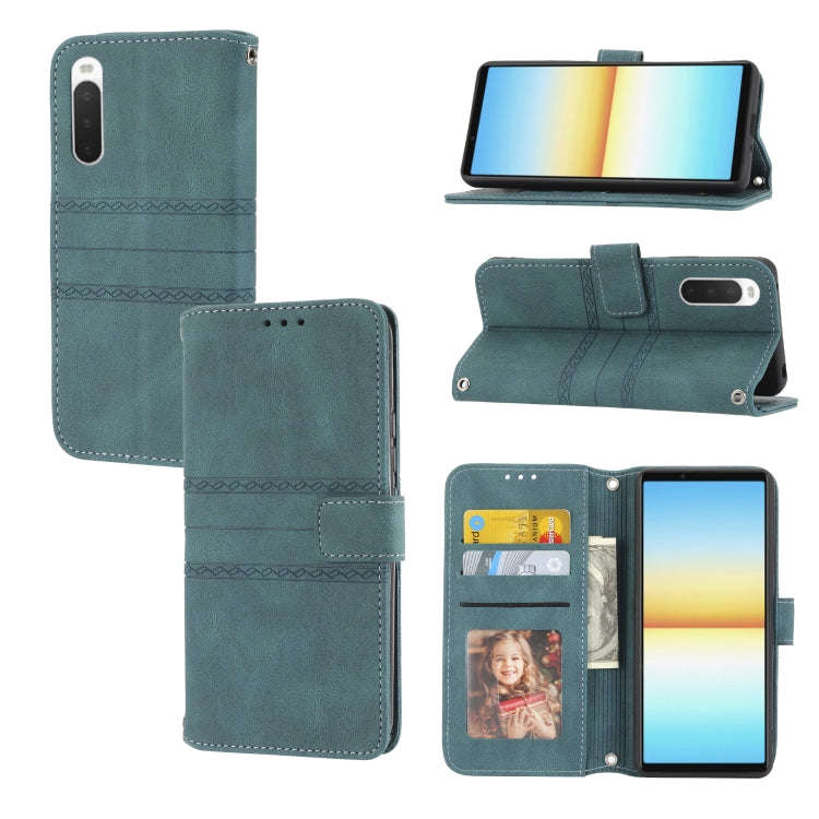For Sony Xperia 10 IV Embossed Striped Magnetic Buckle Horizontal Flip Phone Leather Case(Green)