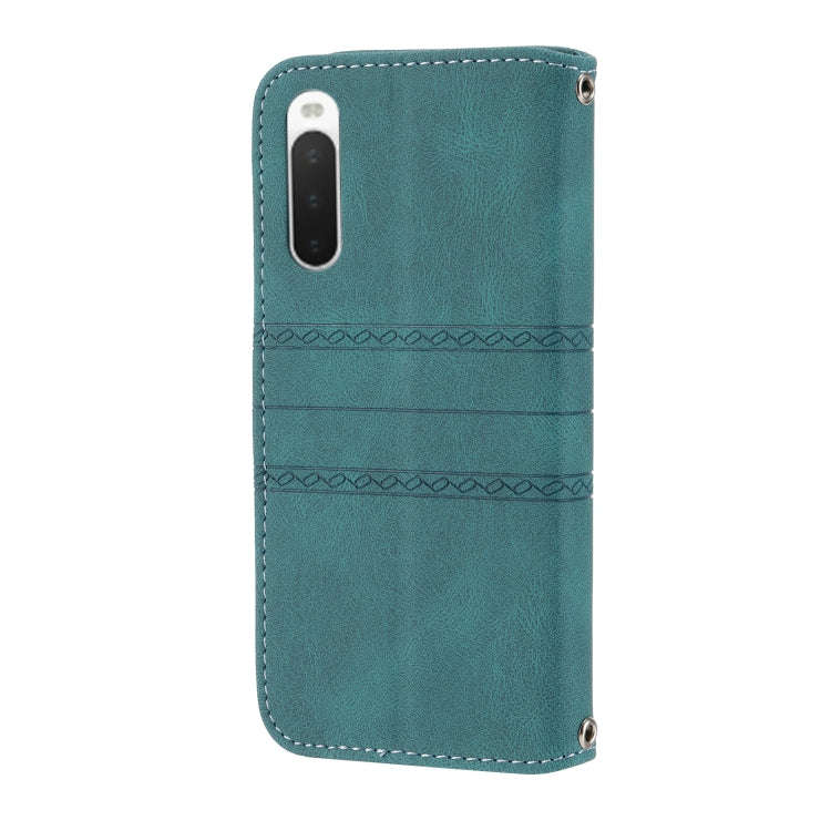 For Sony Xperia 10 IV Embossed Striped Magnetic Buckle Horizontal Flip Phone Leather Case(Green)