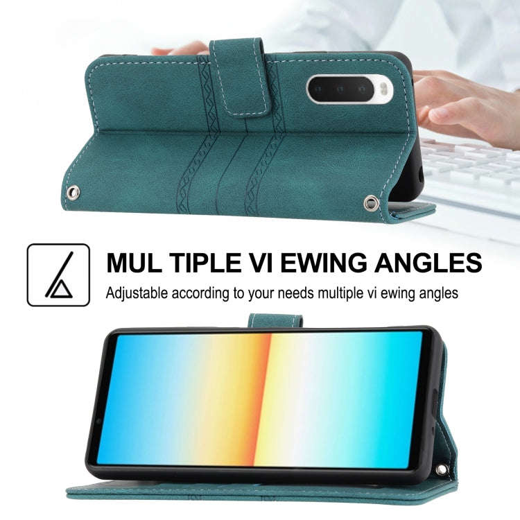 For Sony Xperia 10 IV Embossed Striped Magnetic Buckle Horizontal Flip Phone Leather Case(Green)