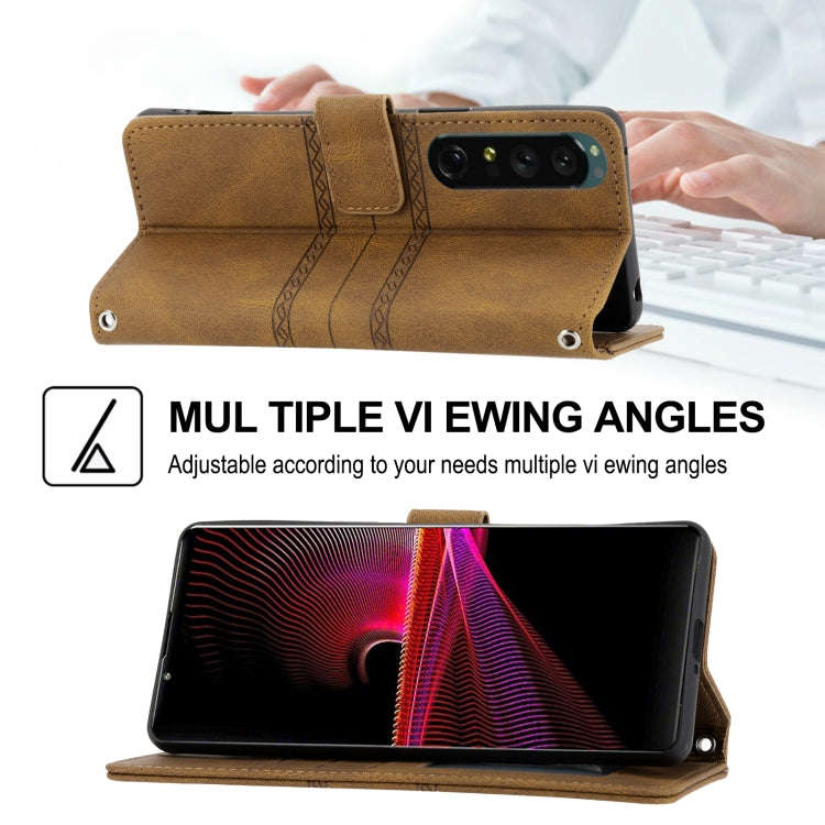 For Sony Xperia 1 IV Embossed Striped Magnetic Buckle Horizontal Flip Phone Leather Case(Brown)