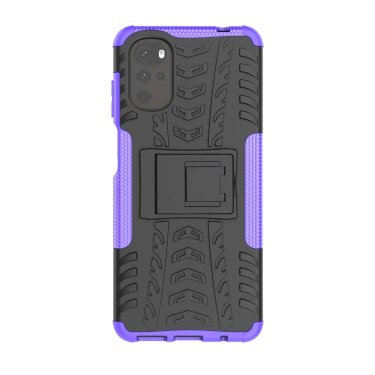 For Motorola Moto G22/E32 Tire Texture TPU + PC Phone Case with Holder(Purple)