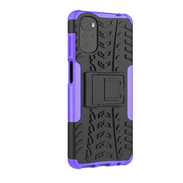 For Motorola Moto G22/E32 Tire Texture TPU + PC Phone Case with Holder(Purple)