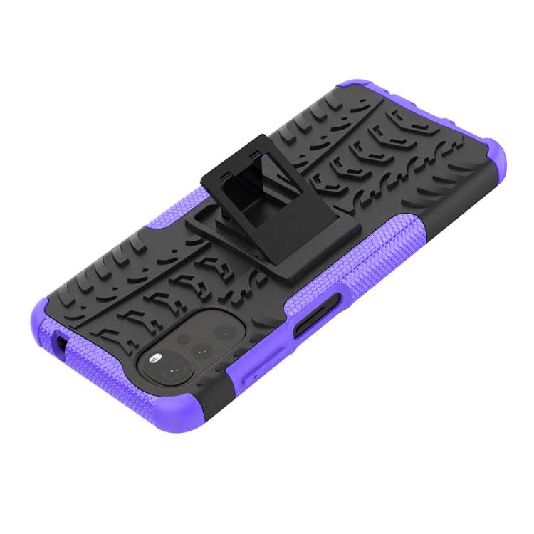 For Motorola Moto G22/E32 Tire Texture TPU + PC Phone Case with Holder(Purple)