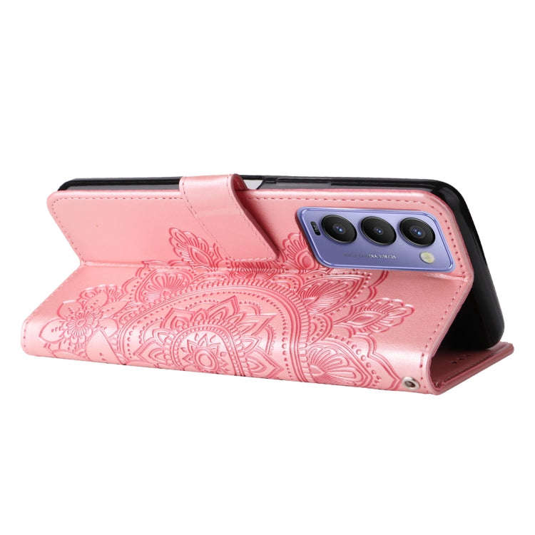 For Tecno Camon 18/18P 7-petal Flowers Embossed Flip Leather Phone Case(Rose Gold)