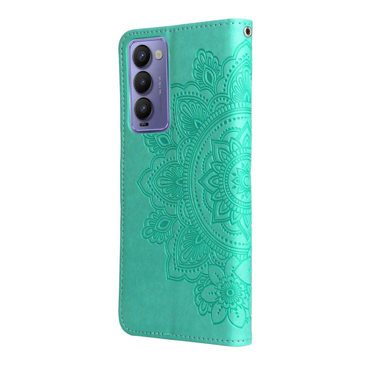 For Tecno Camon 18/18P 7-petal Flowers Embossed Flip Leather Phone Case(Green)