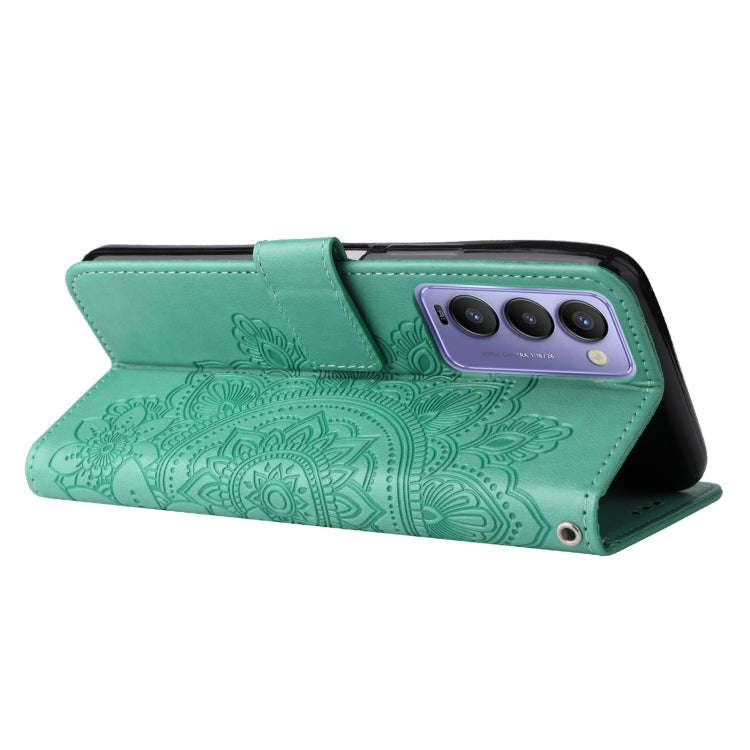 For Tecno Camon 18/18P 7-petal Flowers Embossed Flip Leather Phone Case(Green)