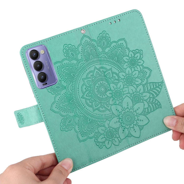 For Tecno Camon 18/18P 7-petal Flowers Embossed Flip Leather Phone Case(Green)