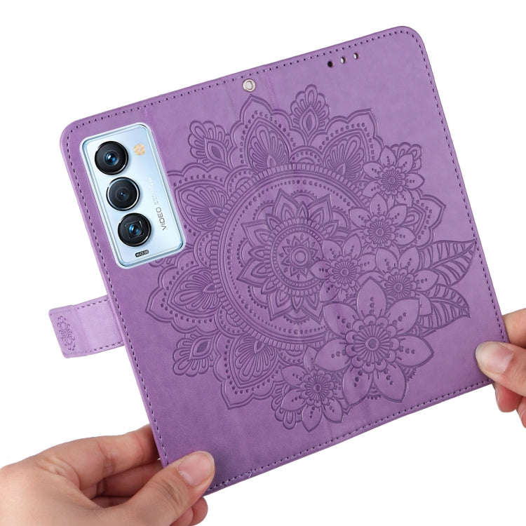 For Tecno Camon 18 Premier 7-petal Flowers Embossed Flip Leather Phone Case(Light Purple)