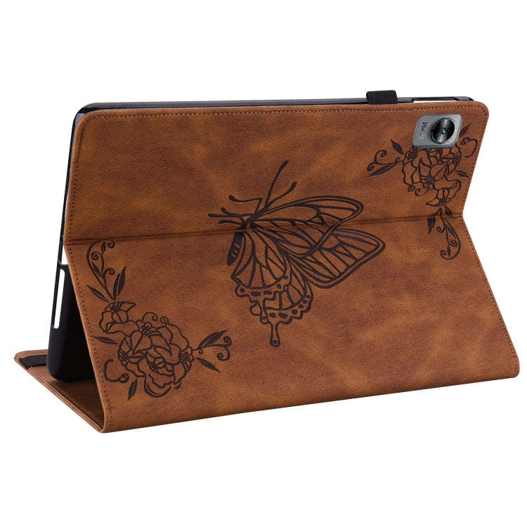 For Realme Pad Mini Butterfly Flower Embossed Leather Tablet Case(Brown)