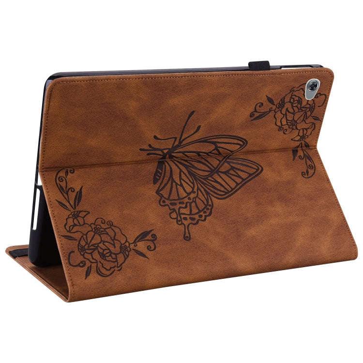 For Huawei MediaPad M5 Lite Butterfly Flower Embossed Leather Tablet Case(Brown)