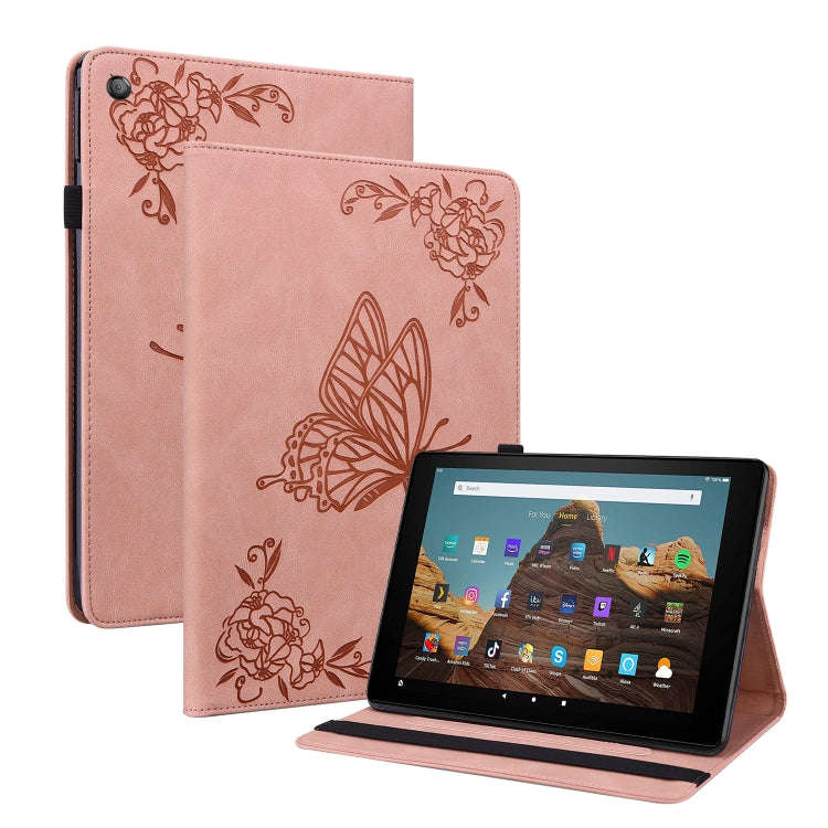 For Amazon Kindle Fire HD 10 2019 / 2017 Butterfly Flower Embossed Leather Tablet Case(Rose Gold)