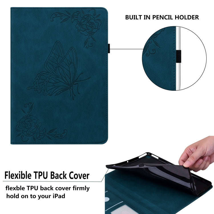 For Amazon Kindle Fire HD 8 2018/2017/2016/2015 Butterfly Flower Embossed Leather Tablet Case(Blue)