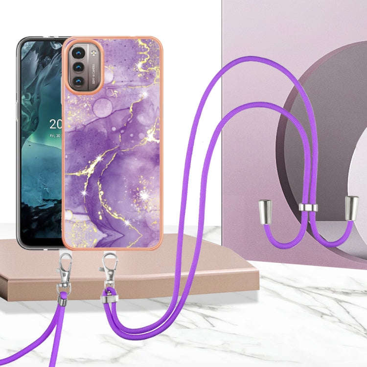 For Nokia G21 / G11 Electroplating Marble Pattern TPU Phone Case with Lanyard(Purple 002)