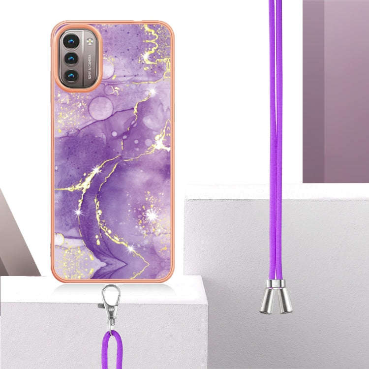 For Nokia G21 / G11 Electroplating Marble Pattern TPU Phone Case with Lanyard(Purple 002)