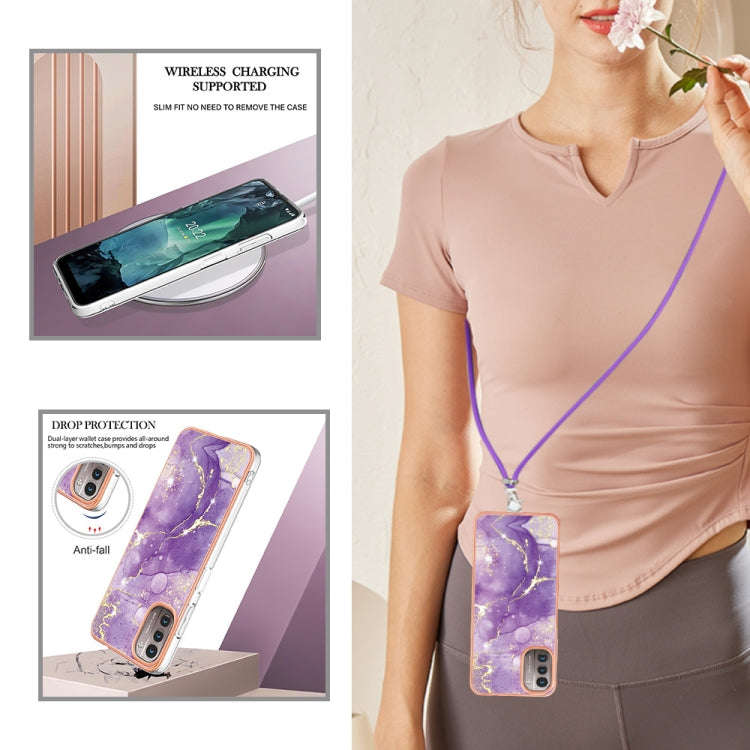For Nokia G21 / G11 Electroplating Marble Pattern TPU Phone Case with Lanyard(Purple 002)