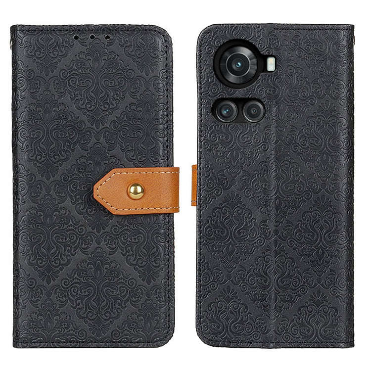 For OnePlus ACE/10R European Floral Embossed Flip Leather Phone Case(Black)