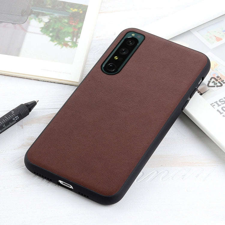 For Sony Xperia 1 IV Accurate Hole Lambskin Texture Genuine Leather Phone Case(Brown)