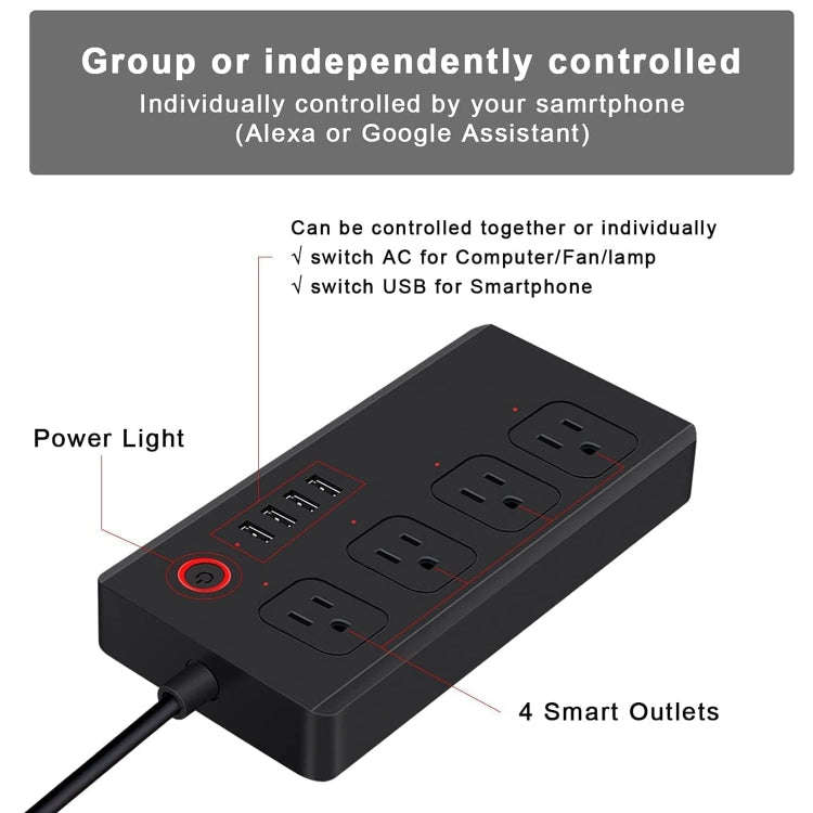 WiFi 10A SM-SO301-U 2500W 4 Holes + 4 USB Smart Power Strip, US Plug(Black)