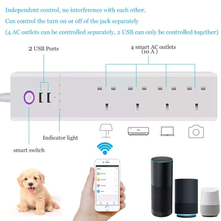 WiFi 10A SM-SO306-K 4 Holes + 2 USB Multi-purpose Smart Power Strip, UK Plug