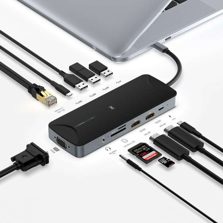V240 12-in-1 Multifunctional USB-C / Type-C 3.1 Male HUB Docking Station(Black)