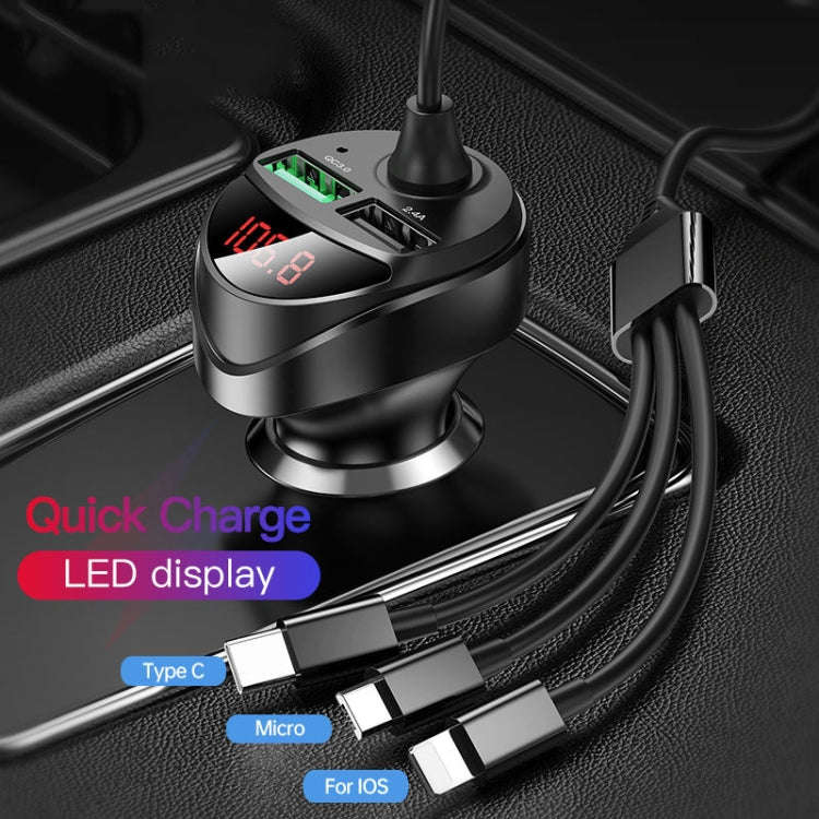 C68 LED Digital Display QC3.0 Fast Car Charger 3 in 1 with Spring Cable(Black)