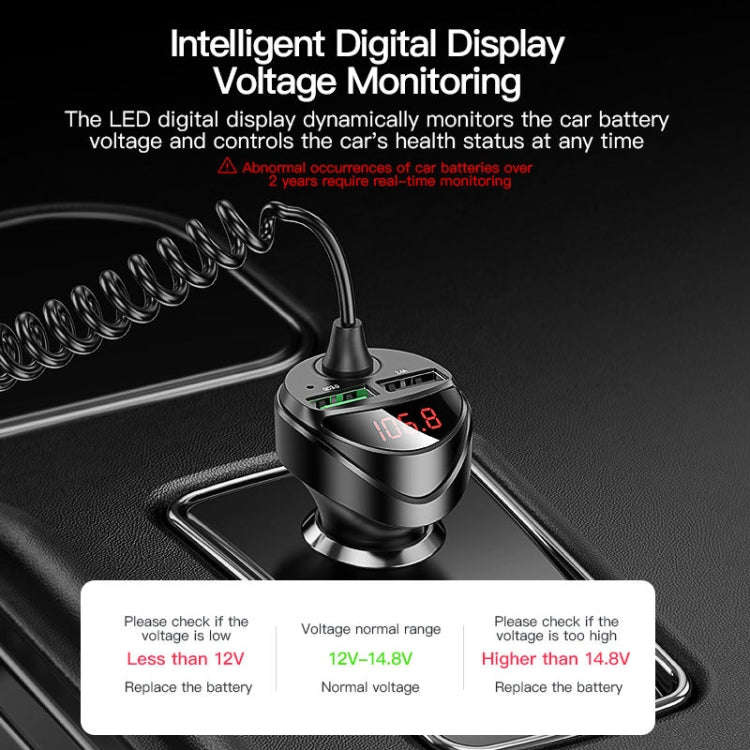 C68 LED Digital Display QC3.0 Fast Car Charger 3 in 1 with Spring Cable(Black)