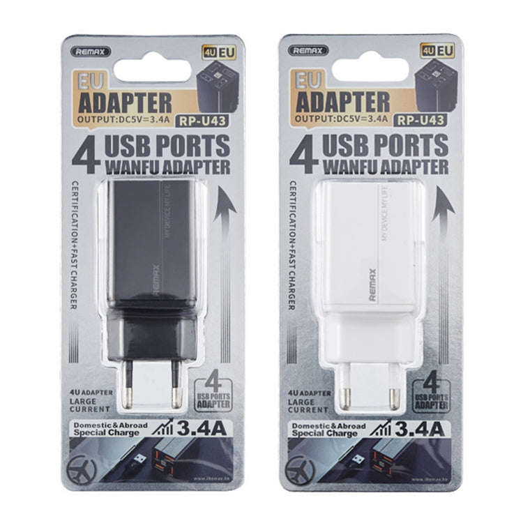 REMAX RP-U43 3.4A 4 USB Port Fast Charger, Specification:EU Plug(White)