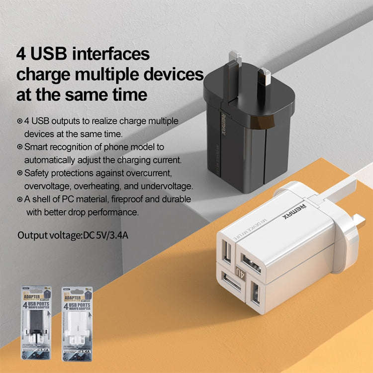 REMAX RP-U43 3.4A 4 USB Port Fast Charger, Specification:UK Plug(White)