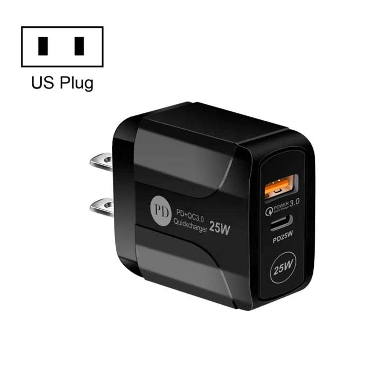 25W PD Type-C + QC3.0 USB Ports Travel Charger, Plug Type:US Plug(Black)