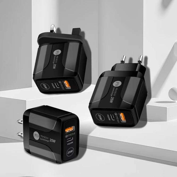 25W PD Type-C + QC3.0 USB Ports Travel Charger, Plug Type:EU Plug(Black)