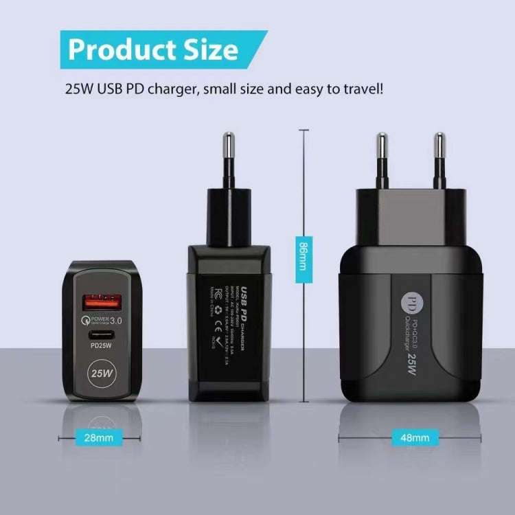 25W PD Type-C + QC3.0 USB Ports Travel Charger, Plug Type:EU Plug(White)