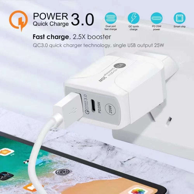25W PD Type-C + QC3.0 USB Ports Travel Charger, Plug Type:EU Plug(White)
